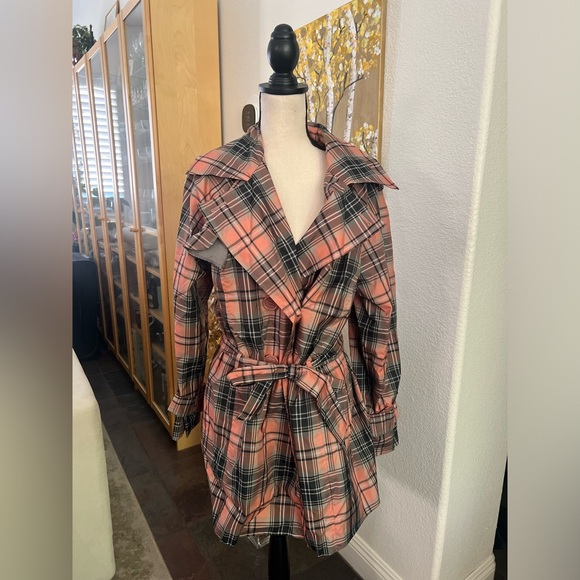 Avenue - coral pink plaid rainproof trench coat - Picture 3 of 12